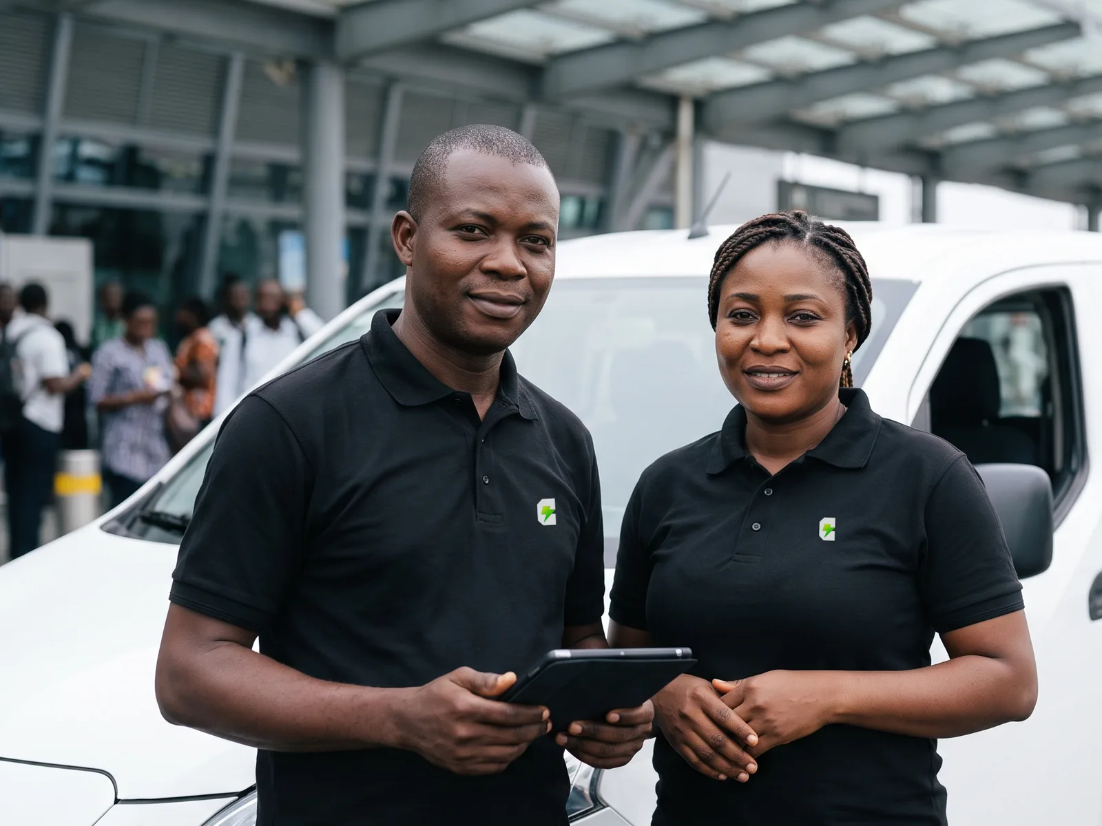 Two CloudLines drivers in branded black polo shirts beside an electric van at a Lagos terminal