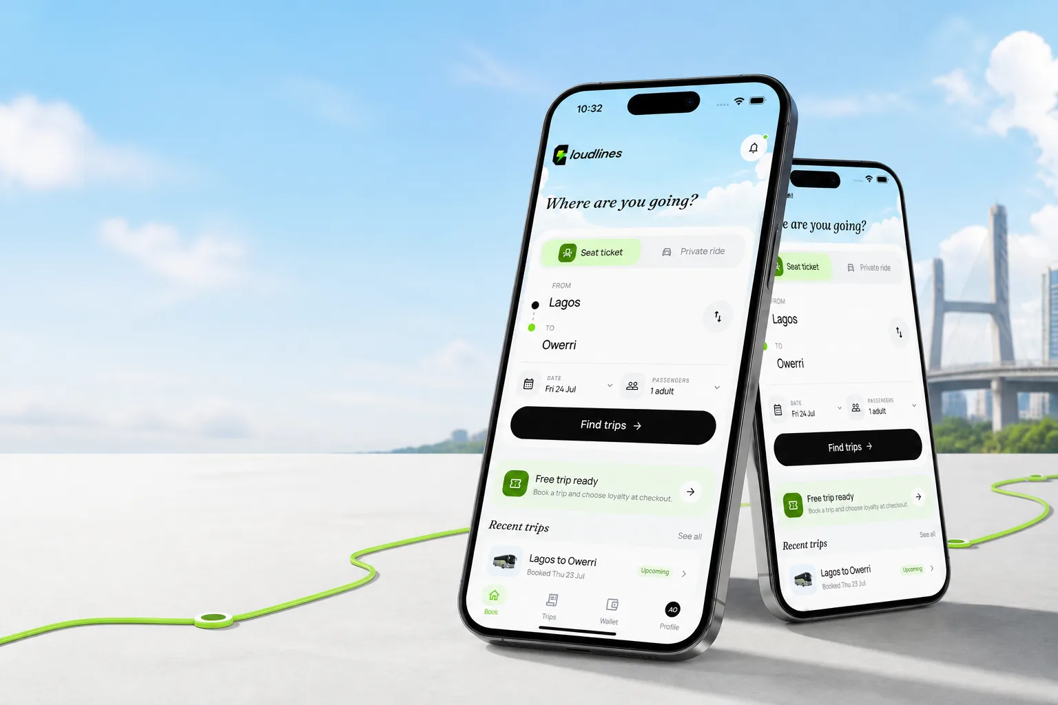 CloudLines mobile booking experience shown on two smartphones