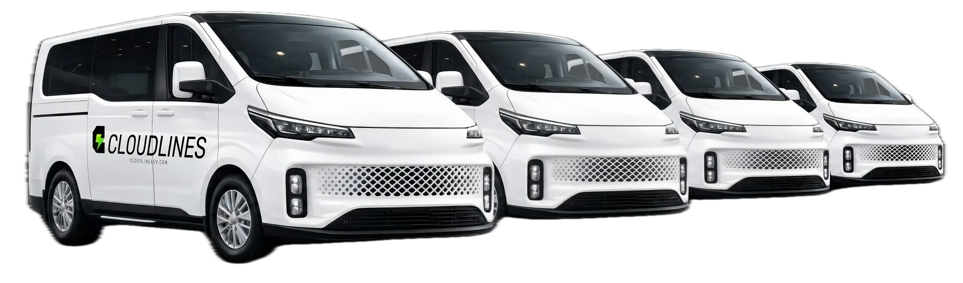 Four branded white CloudLines electric vans