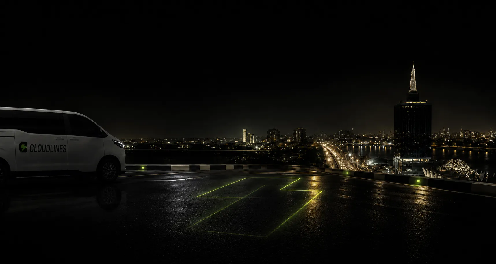 A CloudLines van overlooking Lagos at night