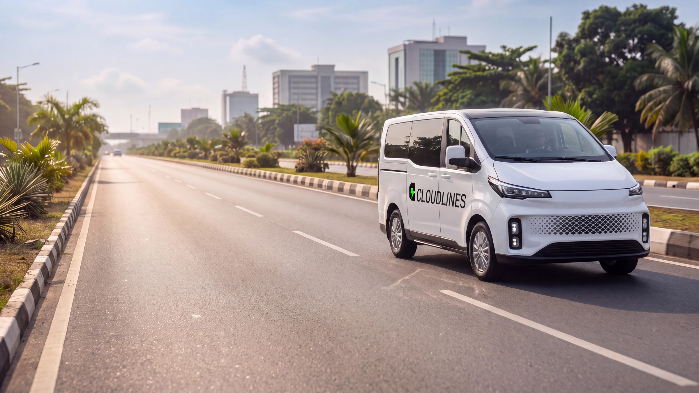 A CloudLines electric passenger van traveling on a Lagos expressway