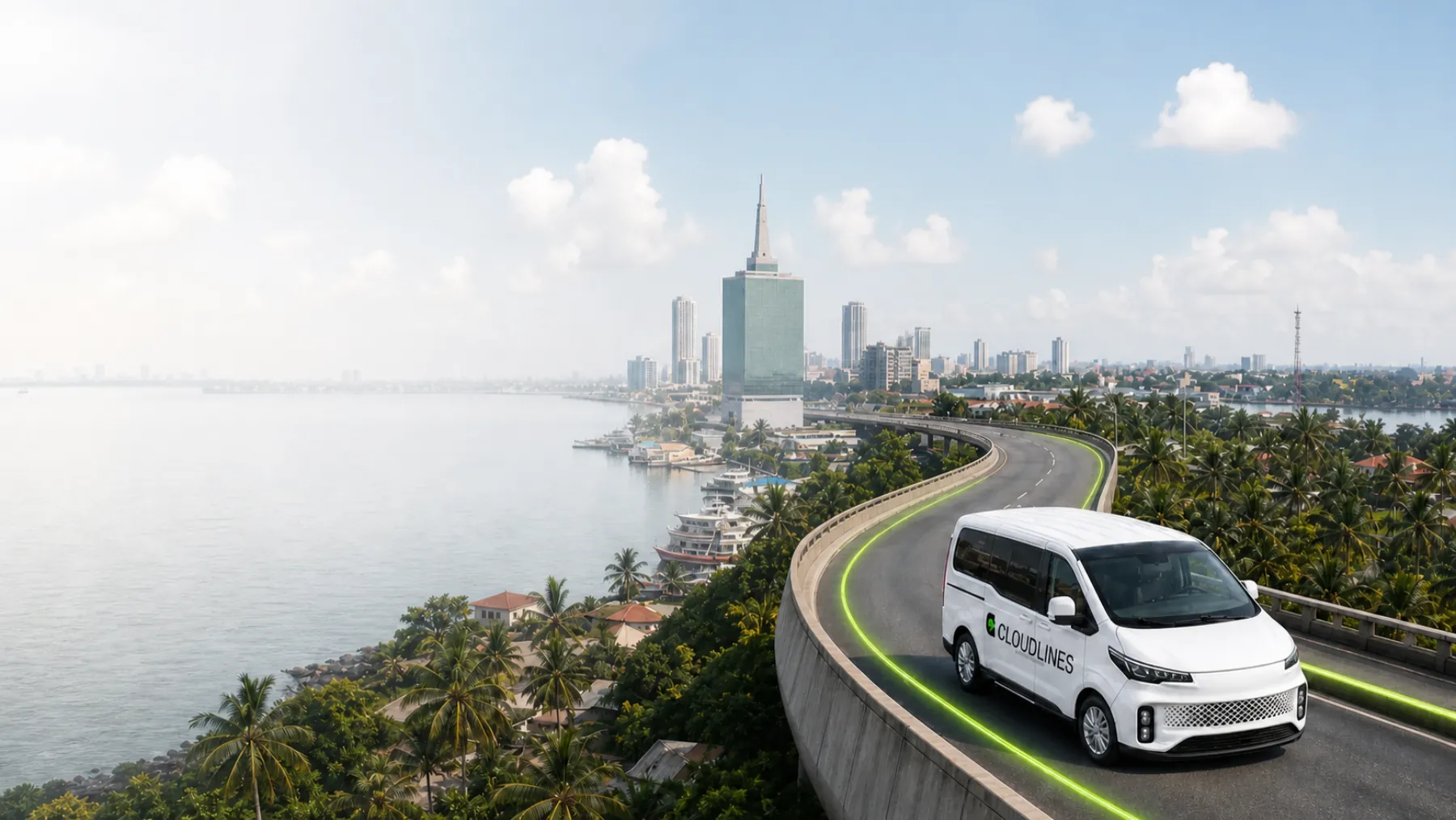 A CloudLines electric van travelling on an elevated Lagos road